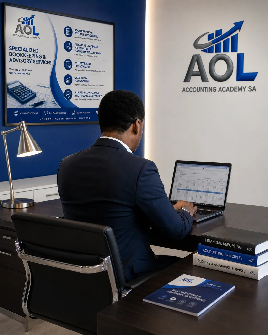 Professional accounting workspace supporting AOL Accounting Academy SA advisory work